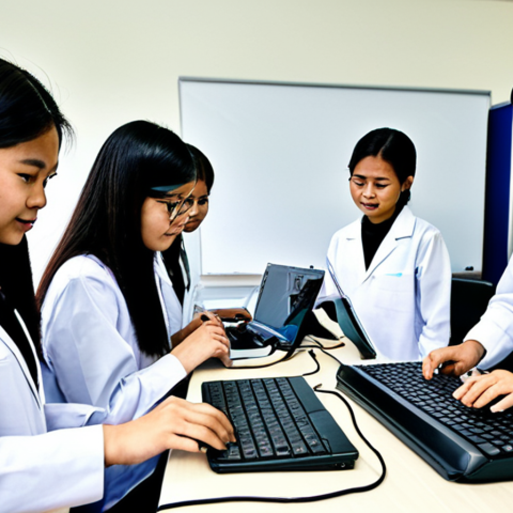 Students are fully clothed in appropriate attire, actively participating in a state-of-the-art Malaysian vocational training center. They are engaged in hands-on learning with advanced technology, such as robotics kits or coding workstations, demonstrating problem-solving skills and teamwork. The environment is a clean, well-lit laboratory or workshop, equipped with modern educational tools. Their poses are natural, ensuring perfect anatomy and correct proportions with well-formed hands. This image reflects Malaysia's emphasis on practical skills, technological literacy, and preparing students for the future workforce. safe for work, appropriate content, fully clothed, professional, high-quality photograph, realistic rendering.