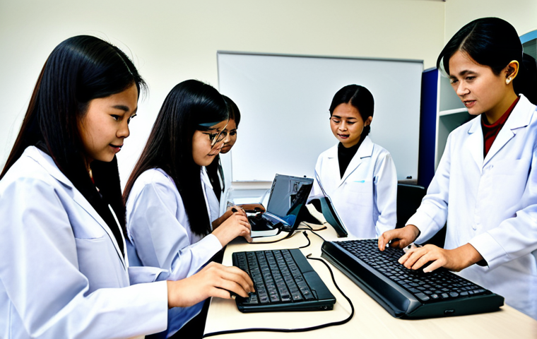 Students are fully clothed in appropriate attire, actively participating in a state-of-the-art Malaysian vocational training center. They are engaged in hands-on learning with advanced technology, such as robotics kits or coding workstations, demonstrating problem-solving skills and teamwork. The environment is a clean, well-lit laboratory or workshop, equipped with modern educational tools. Their poses are natural, ensuring perfect anatomy and correct proportions with well-formed hands. This image reflects Malaysia's emphasis on practical skills, technological literacy, and preparing students for the future workforce. safe for work, appropriate content, fully clothed, professional, high-quality photograph, realistic rendering.
