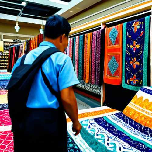 Home 14 **
A vibrant display of Malaysian batik fabrics in a bustling marketplace. The batik features intricate floral and geometric patterns in rich colors. Shoppers browse the textiles, creating a dynamic scene. The overall mood is cheerful and inviting. Safe for work, appropriate content, fully clothed, professional, perfect anatomy, natural proportions, high resolution.
**