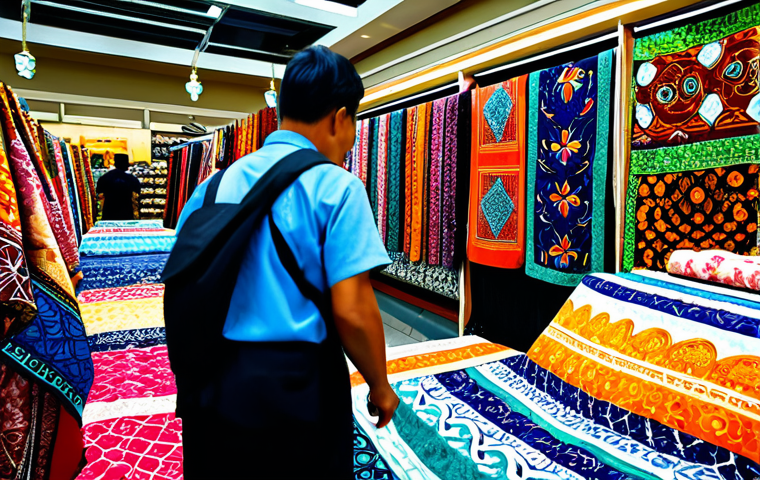 **

A vibrant display of Malaysian batik fabrics in a bustling marketplace. The batik features intricate floral and geometric patterns in rich colors. Shoppers browse the textiles, creating a dynamic scene. The overall mood is cheerful and inviting. Safe for work, appropriate content, fully clothed, professional, perfect anatomy, natural proportions, high resolution.

**