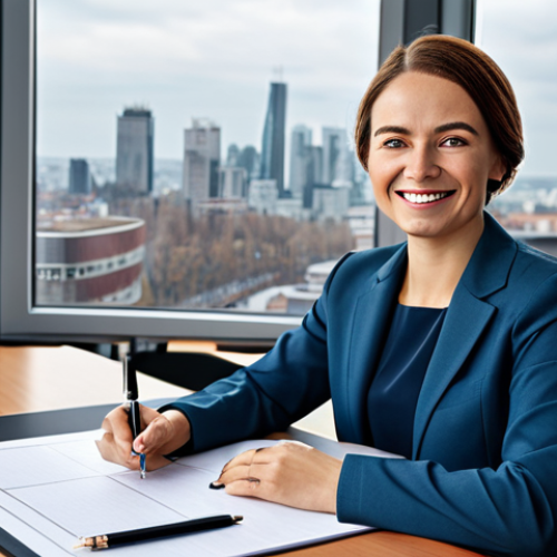 Home 7 **
A professional businesswoman in a modest business suit, sitting at a desk in a modern office, fully clothed, appropriate attire, safe for work, perfect anatomy, natural proportions, professional photography, high quality. The office has large windows overlooking a cityscape. She is smiling slightly and holding a pen. Family-friendly.
**