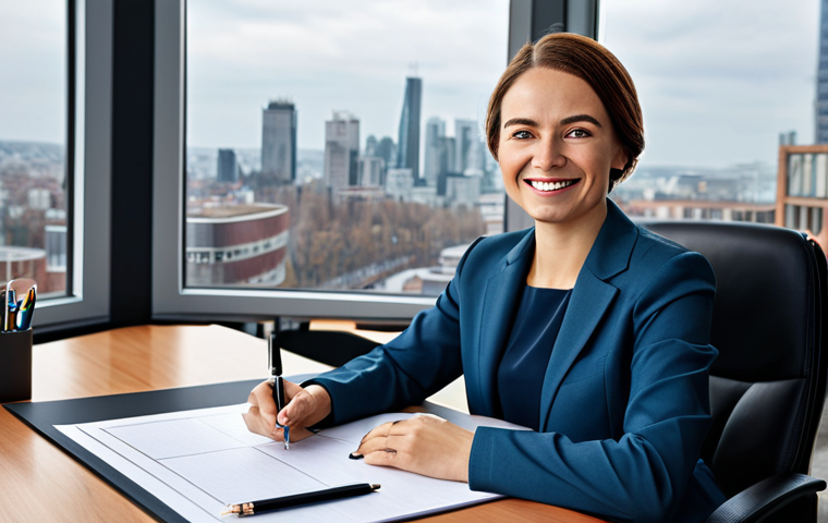 **

A professional businesswoman in a modest business suit, sitting at a desk in a modern office, fully clothed, appropriate attire, safe for work, perfect anatomy, natural proportions, professional photography, high quality. The office has large windows overlooking a cityscape. She is smiling slightly and holding a pen. Family-friendly.

**