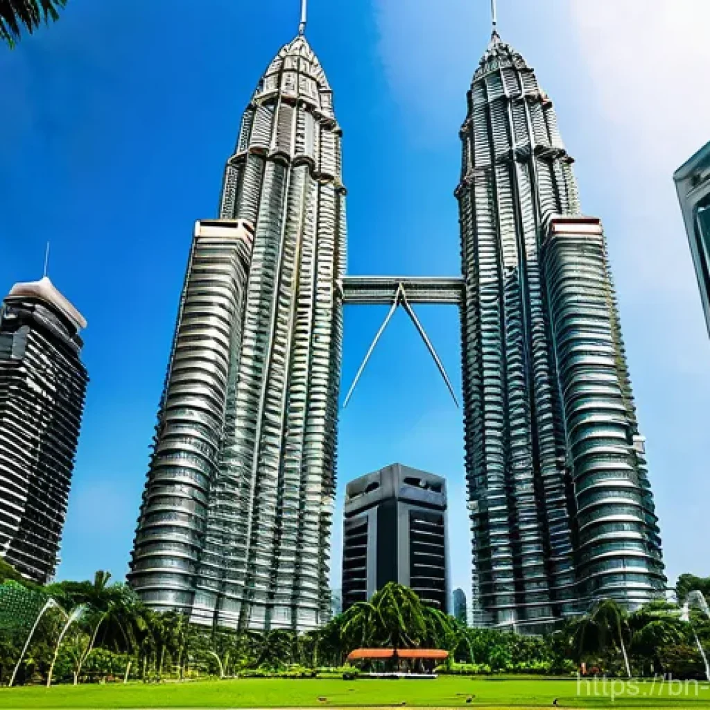 말레이시아 관광 필수지 페트로나스 트윈 타워 - **Prompt: Majestic Petronas Twin Towers in Daylight with KLCC Park**
    "A wide-angle, eye-level sh...