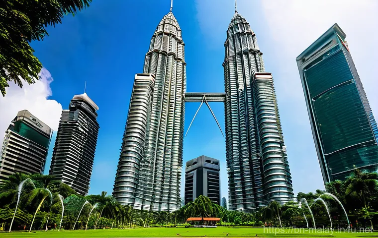 말레이시아 관광 필수지 페트로나스 트윈 타워 - **Prompt: Majestic Petronas Twin Towers in Daylight with KLCC Park**
    "A wide-angle, eye-level sh...