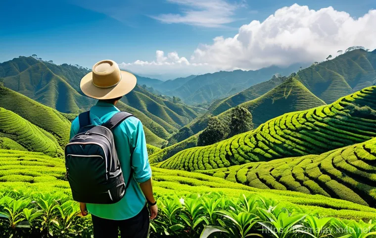 말레이시아 하이킹 코스 추천 - **Prompt 1: Serene Cameron Highlands Tea Plantation Vista**
"An aerial wide shot of the lush, ro...