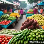 말레이시아 현지 슈퍼마켓에서 장보기 - A vibrant, bustling Malaysian morning market scene. Focus on an array of fresh, colorful fruits like...
