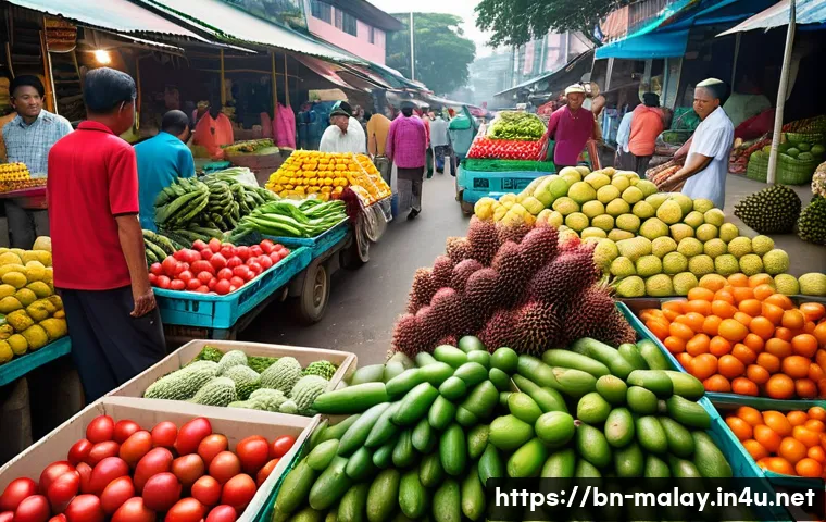 말레이시아 현지 슈퍼마켓에서 장보기 - A vibrant, bustling Malaysian morning market scene. Focus on an array of fresh, colorful fruits like...