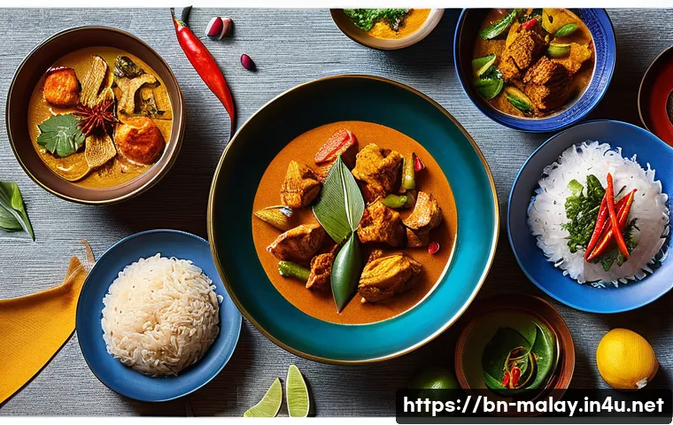 말레이시아와 인도네시아 음식의 차이점 - A vibrant Malaysian festive dining scene showcasing a variety of traditional dishes arranged on eleg...