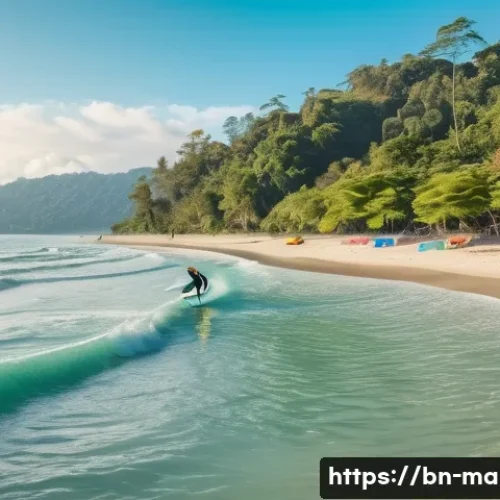 말레이시아 초보자를 위한 서핑 가이드 - A serene beach scene on Penang Island with gentle 2 to 4 feet waves, featuring a diverse group of be...