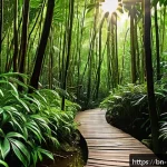 말레이시아의 코타키나발루 명소 - A serene forest trail in the Adarbon woodland near Kota Kinabalu, bathed in soft sunlight filtering ...