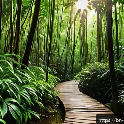 말레이시아의 코타키나발루 명소 - A serene forest trail in the Adarbon woodland near Kota Kinabalu, bathed in soft sunlight filtering ...