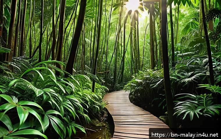 말레이시아의 코타키나발루 명소 - A serene forest trail in the Adarbon woodland near Kota Kinabalu, bathed in soft sunlight filtering ...