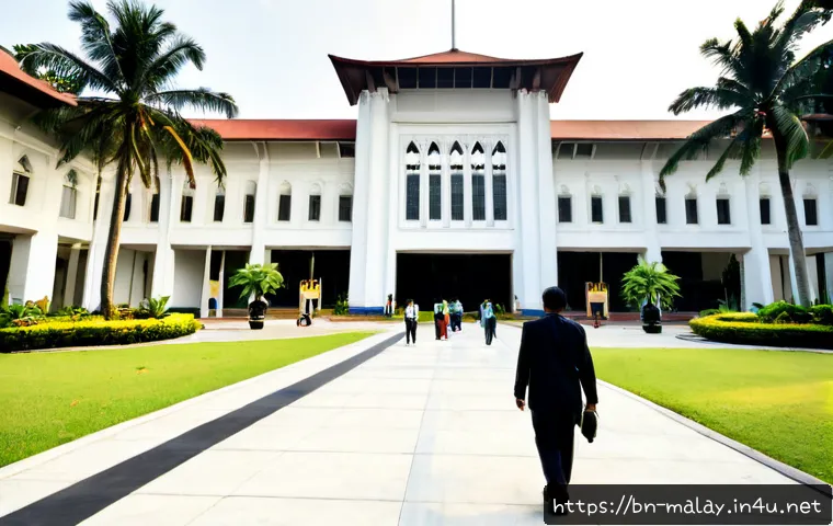 말레이시아 정치 시스템 이해 - Photorealistic wide-angle view of Malaysia’s grand parliamentary building in Kuala Lumpur at sunrise...