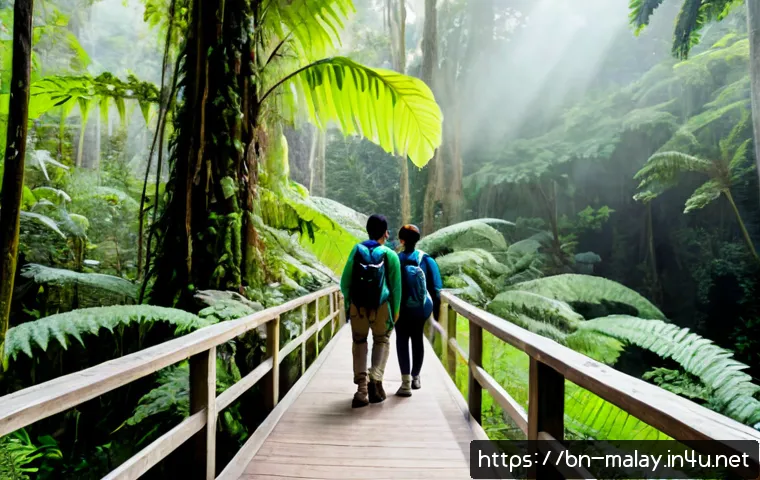 말레이시아 열대우림 생태 탐방 - Photorealistic Malaysian tropical rainforest eco-tour, a small group of adult nature explorers in mo...